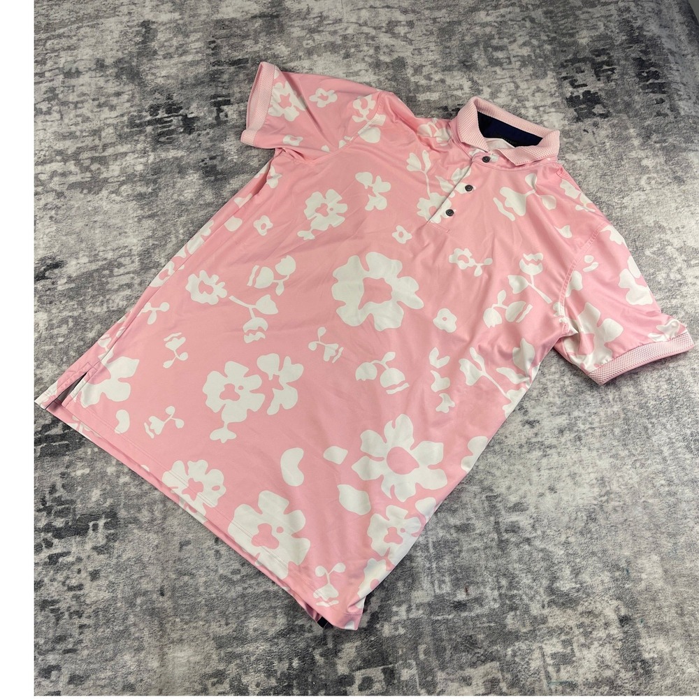 Greyson Men Medium Pink White Floral Golf Polo Shirt Performance Spandex Wolf
